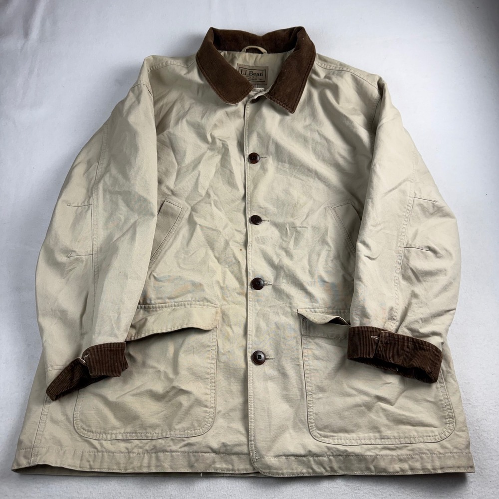 LL Bean Mens‎ XL Field Coat Barn Jacket Tan Cotton Canvas Corduroy Trim WY16